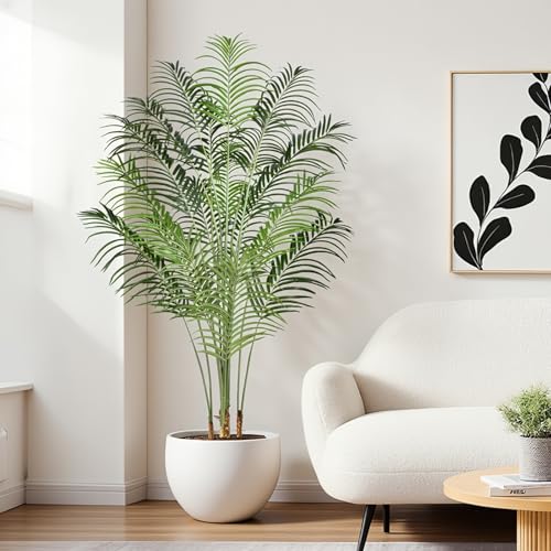 Keeplush 6.5ft Artificial Palm Tree - 195cm Tall Fake Areca Palm Plant with 18 Leaves and Realistic Bark Design - Faux Tropical Plants with Pot Perfect for Indoor Home, Living Room, or Bedroom Decor