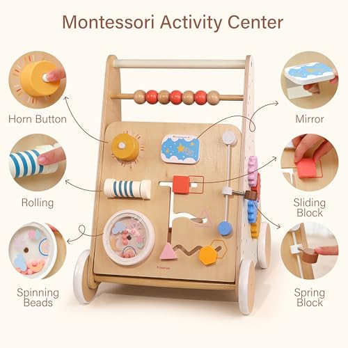 Image of Pillowhale Wooden Baby Walker with Wheels Montessori Activity Push Walker Toy for Toddlers Adjustable Speed & Activity Center for Girls Boys 12M+