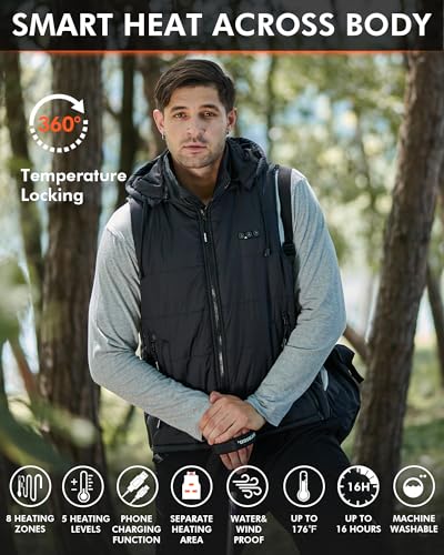 DUKUSEEK Heated Vest with Hood, Lightweight Battery Charged Electric Heating Vest with Detachable Hoodie for Hiking2