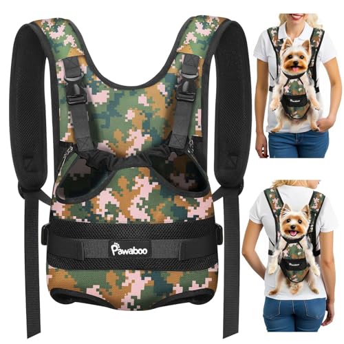 Pawaboo Zaino Frontale per Cani, Trasportino per Cani con Zampe Fuori, Pettorina Regolabile Facile da Indossare per Canis di Taglia Piccola e Media, Mani Libere per Viaggi, Escursioni, S, Camo