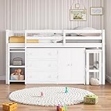 Osparple Twin Size Low Loft Bed, Kids Loft Beds with Desk and Storage, Wood Beds Frames with Drawers, Cabinet and Shelves for Teens, Girls or Boys, White