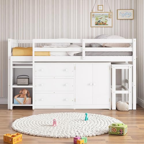 Osparple Twin Size Low Loft Bed, Kids Loft Beds with Desk and Storage, Wood Beds Frames with Drawers, Cabinet and Shelves for Teens, Girls or Boys, White