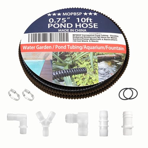 MPOBSP Corrugated Pond Tubing - Flexible Kinkproof Reinforced PVC Hose for Water Gardens Pumps Waterfalls & Aquaculture (10 Feet Black 3/4 Inch)