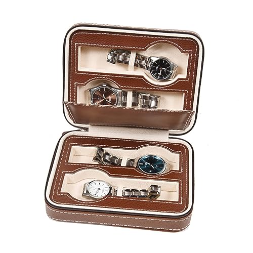 SAFIGLE Portable Watch Travel Case Organizer for Watches Stylish Brown Zippered Storage Holder Padded Interior to Protect the Go