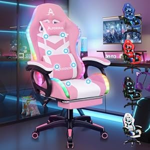 ALFORDSON Gaming Stuhl Gamer Stühle RGB LED Racing Gamer-Stuhl PC-Gaming-Sessel Massage Bürostuhl ergonomisch Fußstützen, Schreibtischstuhl, Neigungswinkel 90-150°, 180 kg belastbar, Rosa