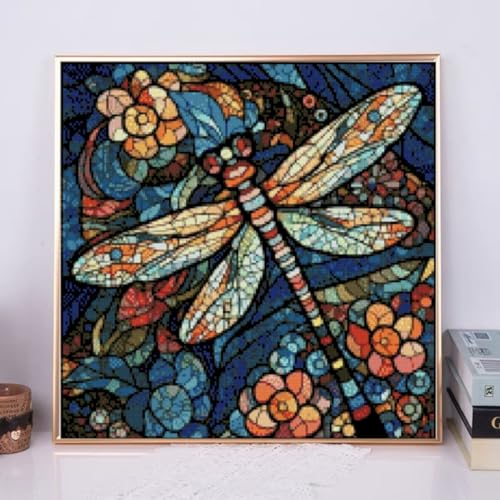Image of Generic DIY Stained Glass Dragonfly DIY Stamped Cross Stitch Kits for Beginners Easy 11CT Needlepoint Embroidery Counted Cross Stitch Kits Art Craft Wall Decoration and Gift 16x16inch