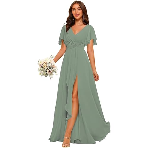 Women's Chiffon Bridesmaid Dresses 2025 Short Sleeves Formal Dress PU171