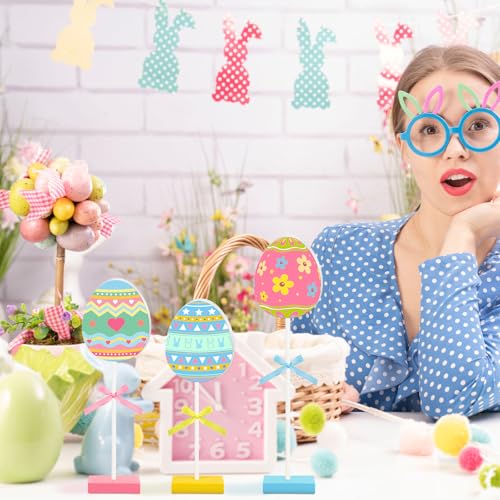 Image of Briwooody 6 Pcs Easter Table Decorations Eggs Wooden Sign Set Spring Tall Standing Sign Colorful Table Centerpiece Bunny Floral Pattern Tabletop Decor for Spring Party Easter Decorations Home