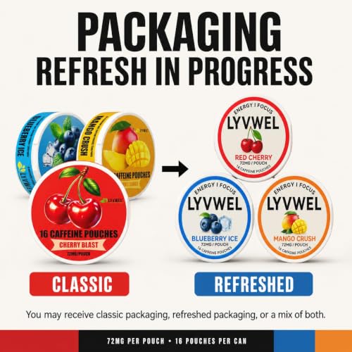 Image of LyvWel 72mg Caffeine Energy Pouches - Sampler Pack (Pink Lemonade, Mango Crush, Pineapple Crush, Watermelon, Cherry Blast) - Clean Energy with Guarana - 5-Pack (80 Total Pouches)