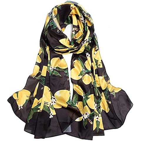 NaSoPerfect Silk Feeling Scarf Large Headscarf Fashion Lemon Pattern Hair Wraps Soft Neck Scarves for Women Black 70" x 35" Cover