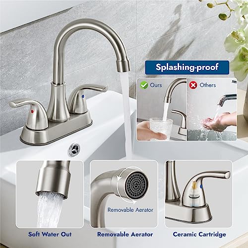 Cinwiny Brushed Nickel Centerset 4 Inch Bathroom Sink Faucet 2 Handle 360° Swivel Spout Deck Mount Lavatory Bathroom Faucet Mixer Tap With Pop Up Drain Water Supply Hoses #TOP1