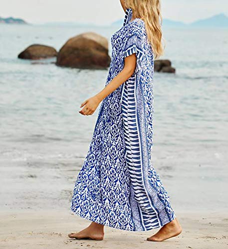 Meiling Women's Print Kaftan Nightgown Long Caftans Beach Maxi Dress Bikini Swimsuit Bathing Suit Cover Up Swimwear (Blue A) #TOP5
