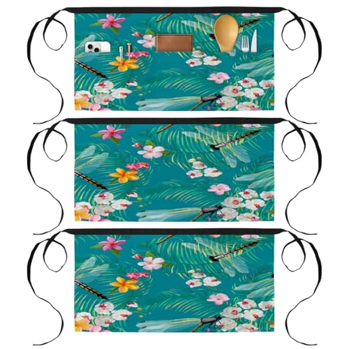Tabliers courts de chef à 3 poches avec motifs originaux de libellules et fleurs de palmier