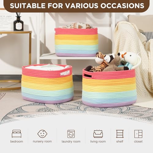 Temary Woven Baskets for Storage 3 Pack Storage Baskets for Organizing, Rectangle Decorative Rope Baskets for Storage Clothes, Towels, Storage Bins with Handles (Rainbow, 13"x9.8"x8.5") by Temary - Image 3
