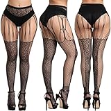Asudaro Sexy Schwarz Dessous,Dessous Damen, Fraue Netzstrümpfe Netzstrumpfhose Strapsstrümpfe, durchsichtige Spitze, Fischernetze Hoch Strumpfhose Straps Strümpfe,Große Größen,3er-Pack
