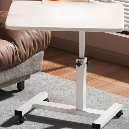 Zvlr 折りたたみテーブル デスク キャスター付き 昇降式 折り畳み 天板角度調整可 パソコン デスク ベッドサイド テーブル 高さ調整 pc デスク ガス式無段階調節昇降サイドテーブル 介護用 ベッドテーブル (ブラウン) (ホワイト【50×30】+防