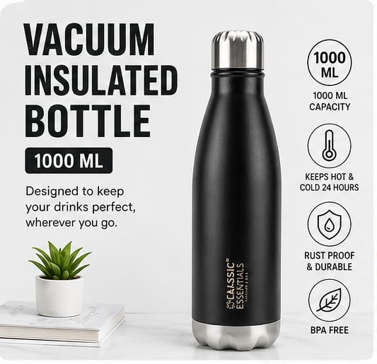 Image of CLASSIC ESSENTIALS Insulated Double Wall Vacuum Stainless Steel Water Bottle 24 Hours Hot and Cold,BIS Approved,100% Leakproof Lid,Sweat Proof Water Bottles, Great for Travel Picnic (Black-1000ml)