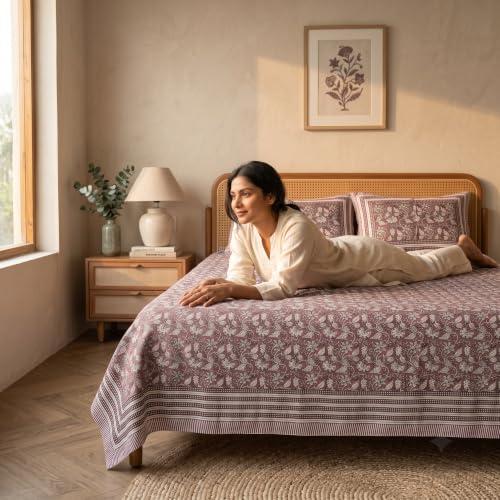 Image of Naksh Queen Size Bed Sheet Dusty Rose Floral Print 2 Pillow Covers | Dusty Rose Botanical Floral Print | Heritage Design for Queen Size Bedrooms