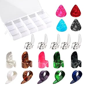AIEX 19 Stuks Verstelbare Vinger Plectrums Inclusief 5 Stuks Zilveren Roestvrijstalen Vingerplectrums en 10 Stuks…