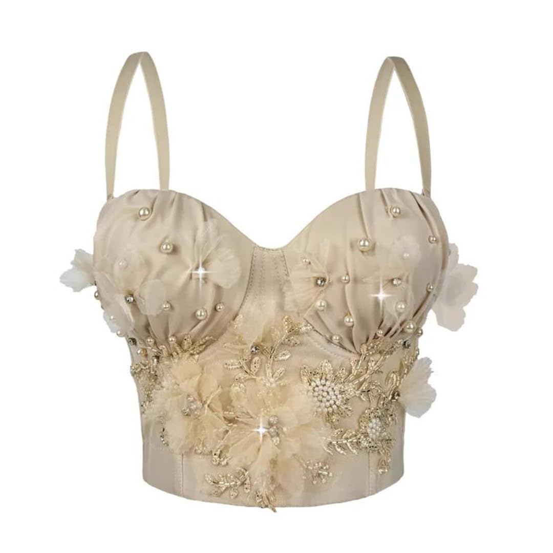 Yeuyyben Corsetto da donna fatto a mano con perline floreali crop top senza maniche canotta elegante estate canotta