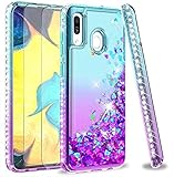 Samsung Galaxy A20 Case, Galaxy A30 Case with Tempered Glass Screen Protector [2 Pack] for Girls Women, LeYi Glitter Cute Bling Liquid Clear Protective Phone Case for Samsung A30/ A20 ZX Teal/Purple
