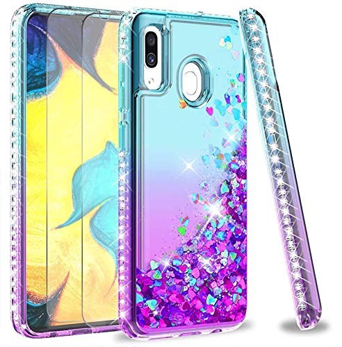 LeYi Compatible with Samsung Galaxy A20 Case, Galaxy A30 Case with 2PCS Tempered Glass Screen Protector for Girls Women, Glitter Clear Phone Case for Samsung A30/ A20 Teal/Purple