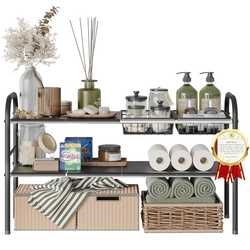 NETEL Under Sink Organizers and Storage, 2 Tier Expandable Under Cabinet Organizer Shelf with 2 Baskets and 6 Panels, Expandable Shelf for Cupboard, Kitchen, Bathroom, Shoe Storage Rack