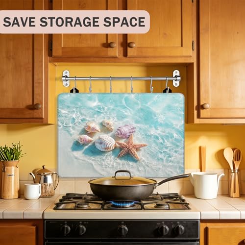 Image of Multi-Design Silicone Stove Cover for Glass /Electric Stoves - 3-in-1 Heat-Resistant Protector Mat, Non-Slip Drying Rack (Beach Sand Seashells, 28 inch L x 20 inch W)