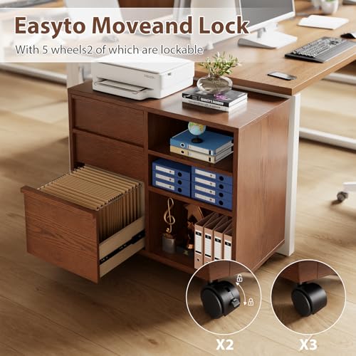 Image of Solid Wood Lateral Filing Cabinet, 3 Drawer Mobile File Cabinet,Stand with Open Shelves,Storage Drawer Cabinet，The Cabinet Features Adjustable Steel rods，Suitable for Home Offices