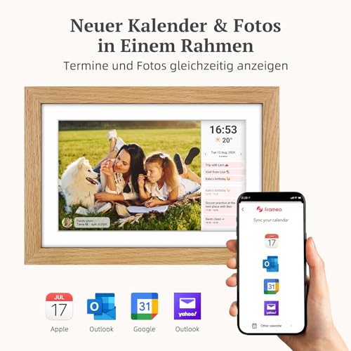 Digitaler Bilderrahmen Holz WLAN mit 32GB Speicher, 10.1 Zoll Elektronischer Bilderrahmen 1280*800 IPS Touchscreen, Fotos/Videos sofort über Frameo APP Teilen, Geschenke für Frauen Männer, Eichenholz