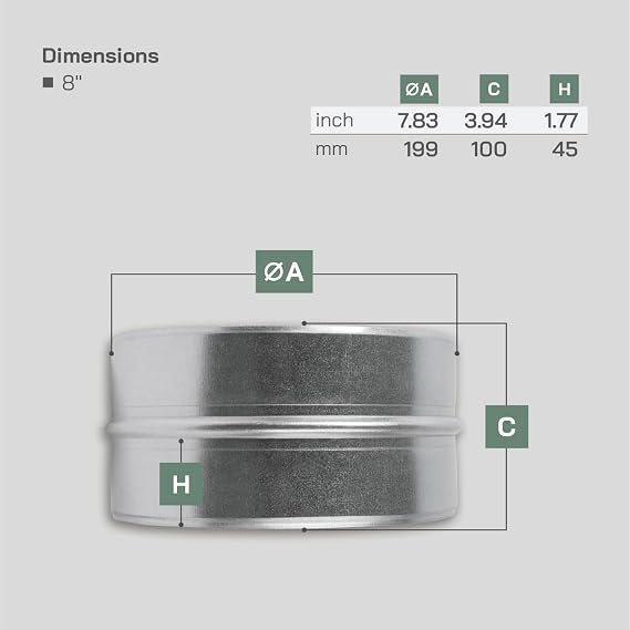 Vent Systems 200 mm / 8'' Inch Galvanized Steel Duct Connector - Round Ventilation Duct Extension - Metal Vent Coupler - Metal Hose Coupling - Galvanised Pipe Connector - Inline Air Extraction