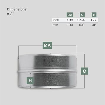 Vent Systems 200 mm / 8'' Inch Galvanized Steel Duct Connector - Round Ventilation Duct Extension - Metal Vent Coupler - Metal Hose Coupling - Galvanised Pipe Connector - Inline Air Extraction