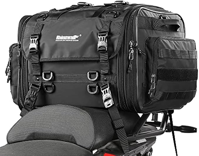 Rhinowalk Motorcycle Travel Luggage, Expandable motorcycle tail bag 60L,Waterproof All Weather/Trunk/Rack Bag with Sissy Bar Straps-Black