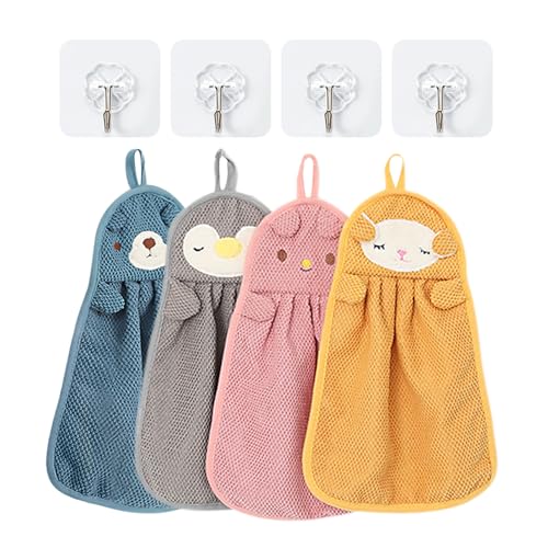 DHSBGWSX 4 Stück Cartoon-Handtücher, 4 Stück Haken, Handtücher für Kinder, schnell trocknende Handtücher, Mikrofaserhandtücher, schnell trocknende Handtücher für Kinder, Handtuchtiere