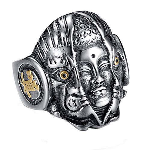 Bague Bouddha et Diable en acier inoxydable style punk feng shui pour homme