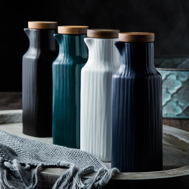 1-3pcs 400ml Ceramic Oil Dispenser Bottle with Wooden Lid No Drip Oil Vinegar Cruet for Kitchen Soy Sauce Dispenser Olive Oil Pot