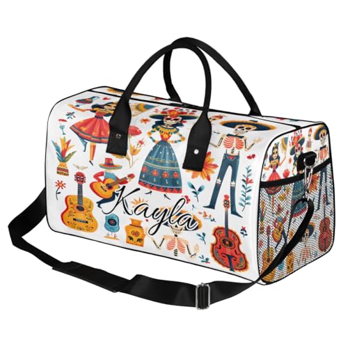 Funny Skull Custom Travel Bag, Personalized Duffle Bag with Initials Name, Boho Guitar Floral Sports Dance Gym Tote Bags Weekender Overnight Bags for Women Men2