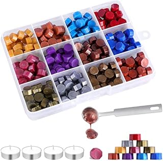 Wax Beads for Stamp Seals, 300PCS Wax Seal Stamp Kit with 1 Wax Melting Spoon and 4PCS Tea Candles, 12 Colors Octagon Sealing Wax Beads for Sealing Letter and Vintage Wedding Invitation Decorative