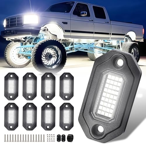 8 Pods Aluminium Pure White LED Rock Lights Kit,6500K Super Bright LED Light,36 High Power Chips, Each 15ft extension cable,IP68 Waterproof,for Pickup Trucks SUV UTV ATV RZR Car Boats