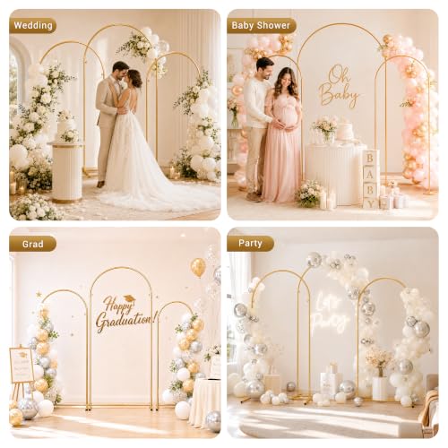 Image of GRENTY Wedding Arch Backdrop Stand Set of 3, 7.2FT, 6.6FT & 6FT Gold Metal Balloon Arch Frame for Flowers, Wedding Ceremony, Birthday, Baby Shower and Party Decor