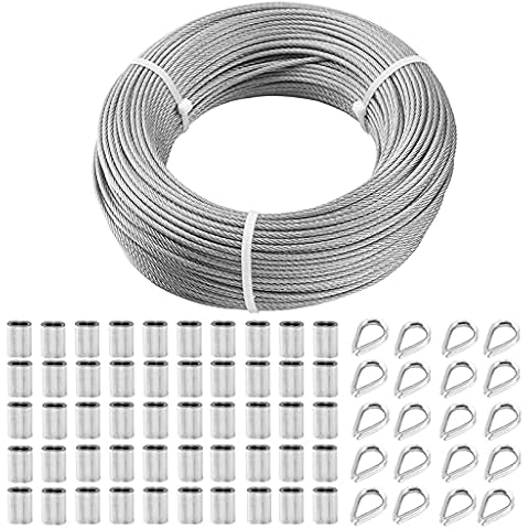 TooTaci 3mm Stainless Steel Wire Rope,Outdoor Metal Cable 3mm/100M with Crimping Sleeves,Wire Rope Thimbles,3mm Wire Rope Kit for Climbing Plants Wire,Garden Light Hanging,Fence Wire,Cable Railing Cover