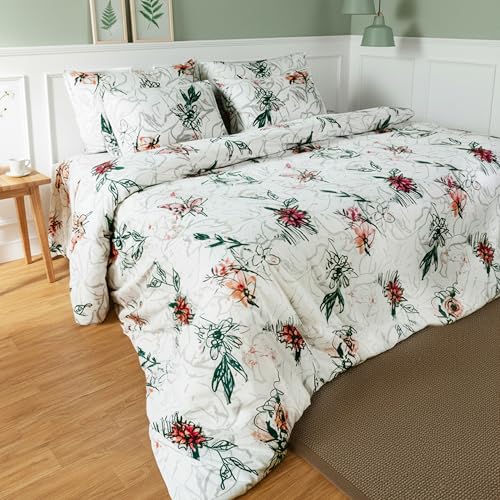 Image of Premium 100% Cotton Queen Size Bedsheet Set (1 Flat Sheet & 2 Pillow Cases)| 200 TC | Vibrant Prints | Soft, Breathable & Durable Fabric |Snow Blossom