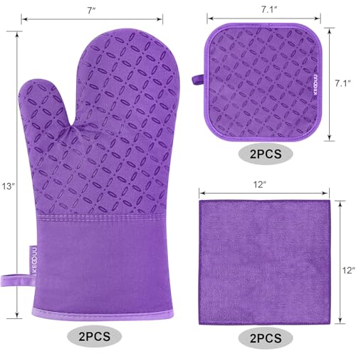 Image of KEGOUU Oven Mitts and Pot Holders 6pcs Set, Kitchen Oven Glove High Heat Resistant 500 Degree Extra Long Oven Mitts and Potholder with Non-Slip Silicone Surface for Cooking (Purple)