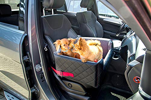 Exclusive Hunde Autositz | Autositz für Hunde, Katzen, Haustier | Rückbank, Beifahrersitz | Hundebett, Hundetasche | Kunstleder | Farbe: Schwarz/Rot | Große: L (57x50 cm)