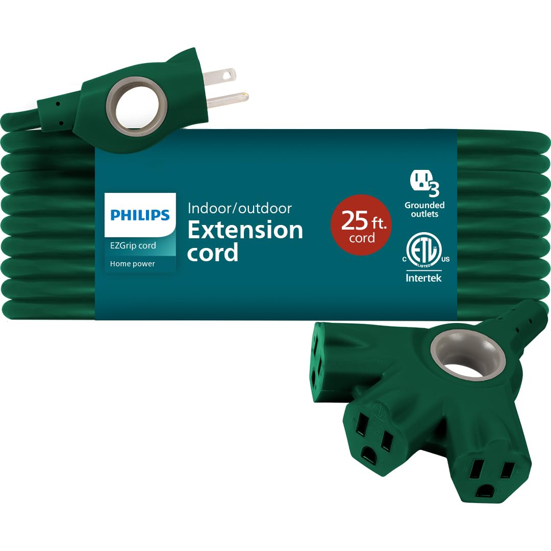 Philips EZGrip Outdoor Extension Cord with Multiple Outlets, Grounded 3 Prong Cord, Long Extension Cord Indoor with Multiple Outlets, Heavy Duty Extension Cord, 25 Ft, 16 AWG, Green, SPC6253ZG/37-T1