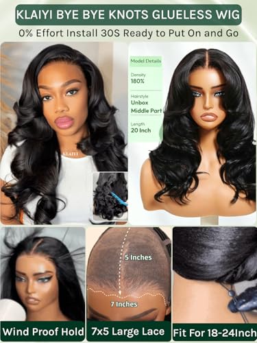 Image of KLAIYI Loose Body Wave Glueless Bouncy Curls 180% Density Bye Bye Knots Precut 7x5 Lace Front Wigs Human Hair Drawstring Pre Plucked Bleached 3S Ready to Wear and Go Wig with Face Framing Bangs 14Inch