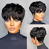 Short Wigs for Black Women Short Layered Pixie Cut Wig Human Hair Glueless None Lace Front Wig Short Straight Bob Wig Natural Black Color 1B#