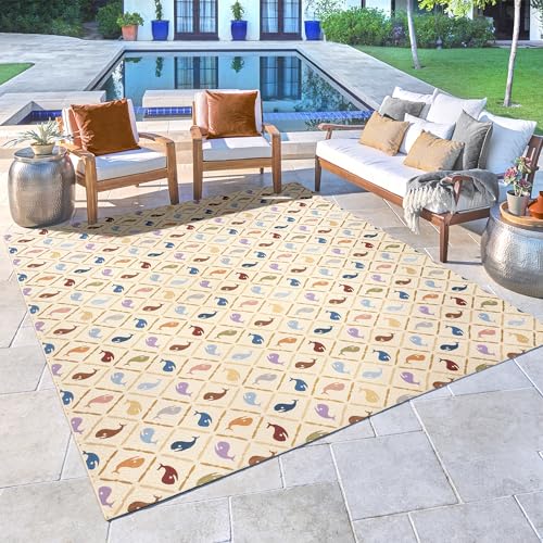Gertmenian Reyn Spooner Kona Coast Fresco Hawaiian Tropical Rugs - 9x13 Ft Extra Large, Washable, Stain & UV Resistant Indoor Outdoor Area Rug - Ivory Multi, Kanaloa Whales, 46771