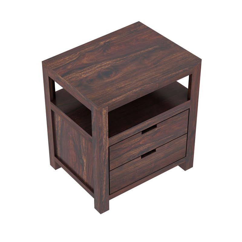 Image of Solid Sheesham Wood Bedside Table with 2 Drawer & 1 Open Shelf Storage for Bedroom, End Table, Side Table for Living Room Home (Walnut Finish)