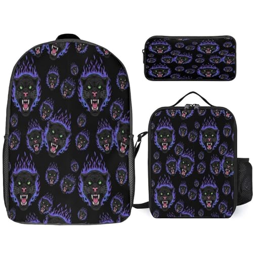 Multifunction 3 Pcs Set for Men Women, Soft Panther Head In Flames Pencil Pouch, Lunch Bag Easy to Storage, Backpack for Travel